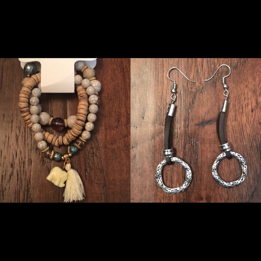 3 bracelets and leather strap earrings